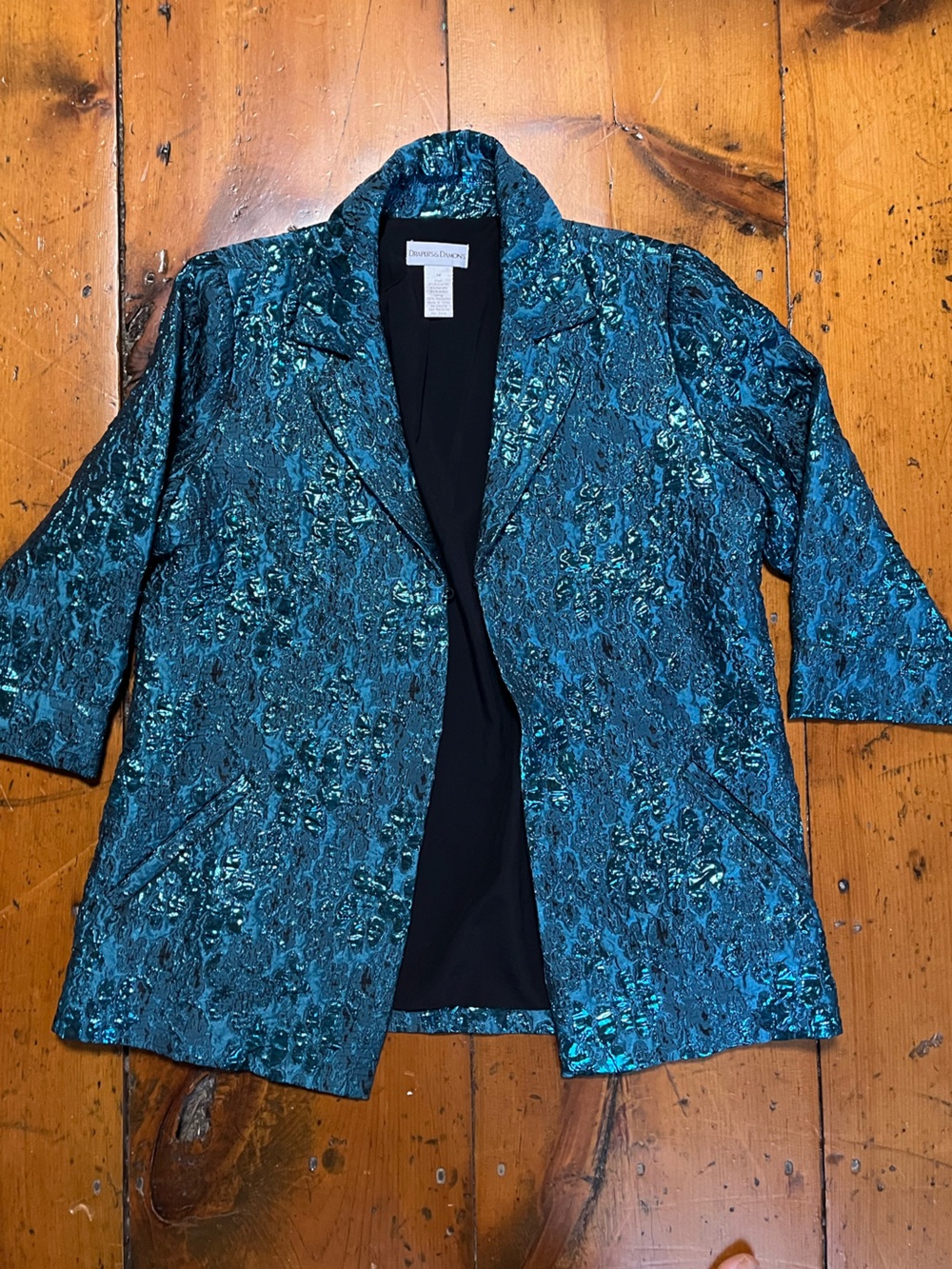 Drapers & Damons M metallic blazer pockets cropped sleeves blue teal